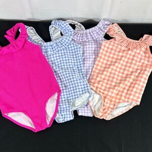Girls' Ruffled Neck One-Piece Swimsuits- Pink, Blue, Purple, Peach Gingham